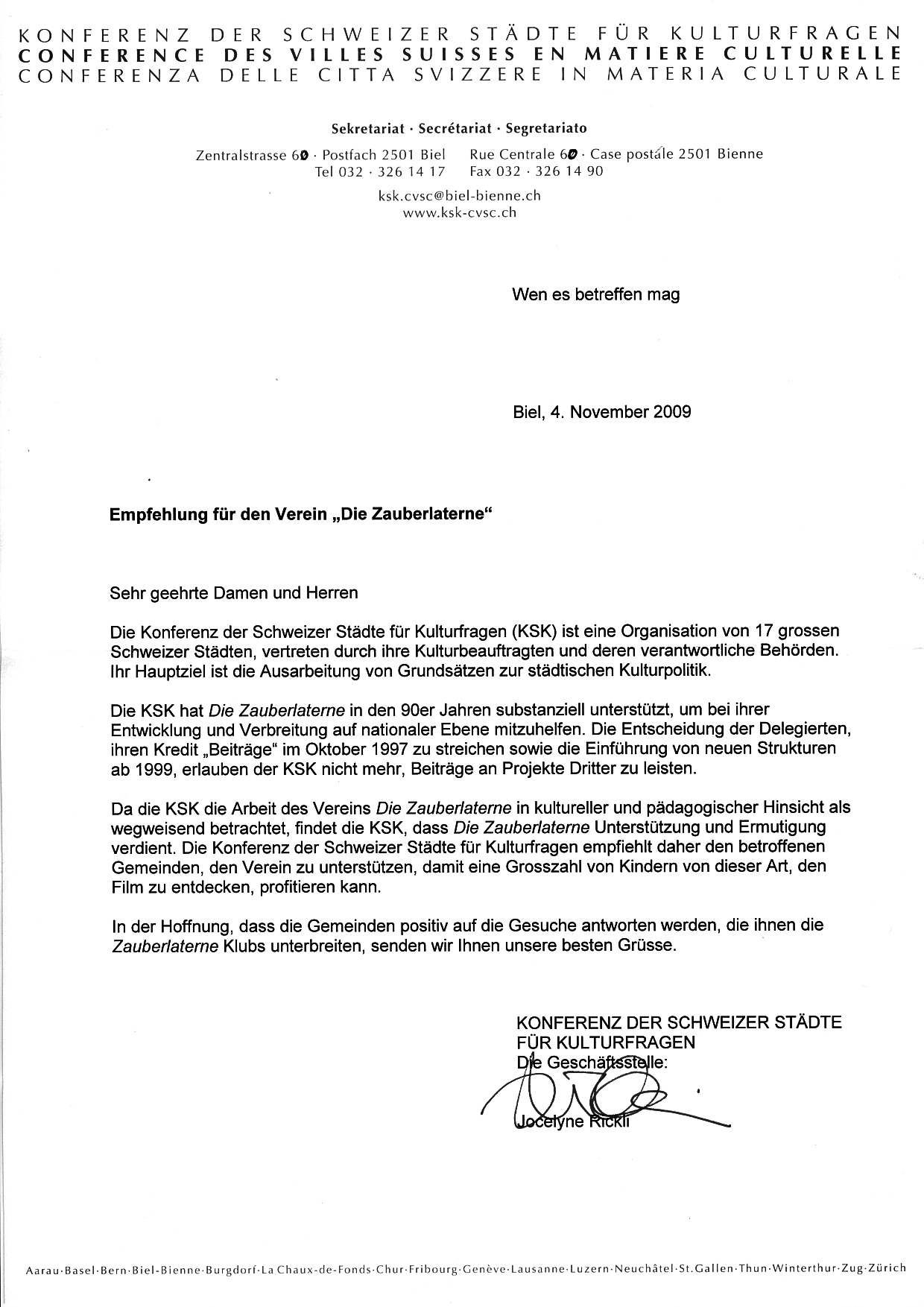 Lettre de recommandation  La Lanterne Magique
